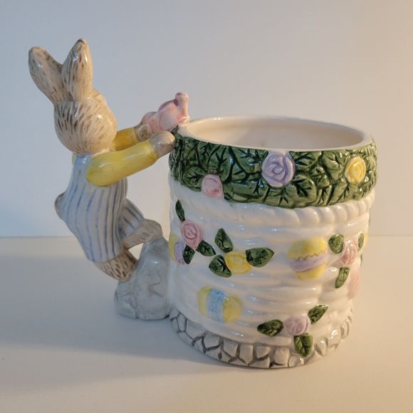 1994 Fitz & Floyd Omnibus Basket Weave Easter Garden Mug w/ Bunny Handle‎ - Picture 3 of 7